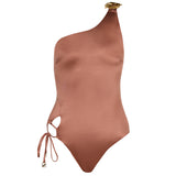 Esterelle One Shoulder Gold Detailed Satin Brown Swimsuit | Moeva | Swimsuit | Each week unveils new pieces—luxury swimwear, fluid resort silhouettes, and elevated summer-to-evening essentials designed to carry you from coastal escapes to city nights.
