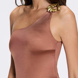 Esterelle One Shoulder Gold Detailed Satin Brown Swimsuit | Moeva | Swimsuit | Each week unveils new pieces—luxury swimwear, fluid resort silhouettes, and elevated summer-to-evening essentials designed to carry you from coastal escapes to city nights.