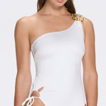 Esterelle One Shoulder Gold Detailed Satin White Swimsuit | Moeva | Swimsuit | Each week unveils new pieces—luxury swimwear, fluid resort silhouettes, and elevated summer-to-evening essentials designed to carry you from coastal escapes to city nights.