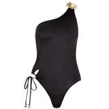 Esterelle One Shoulder Gold Detailed Satin Black Swimsuit | Moeva | Swimsuit | Each week unveils new pieces—luxury swimwear, fluid resort silhouettes, and elevated summer-to-evening essentials designed to carry you from coastal escapes to city nights.