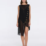 Solianne Black Sheer Sleeveless Asymmetric Dress with Gold Button Detail