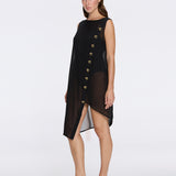 Solianne Black Sheer Sleeveless Asymmetric Dress with Gold Button Detail