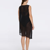 Solianne Black Sheer Sleeveless Asymmetric Dress with Gold Button Detail