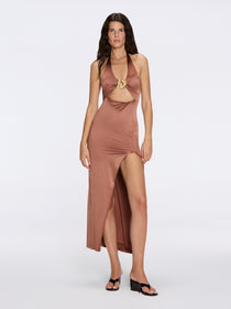 Serres Satin Brown Halter Maxi Dress with Cut-Out and Gold Detail | Moeva | Dress | Each week unveils new pieces—luxury swimwear, fluid resort silhouettes, and elevated summer-to-evening essentials designed to carry you from coastal escapes to city nights.