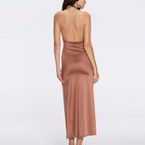 Serres Satin Brown Halter Maxi Dress with Cut-Out and Gold Detail