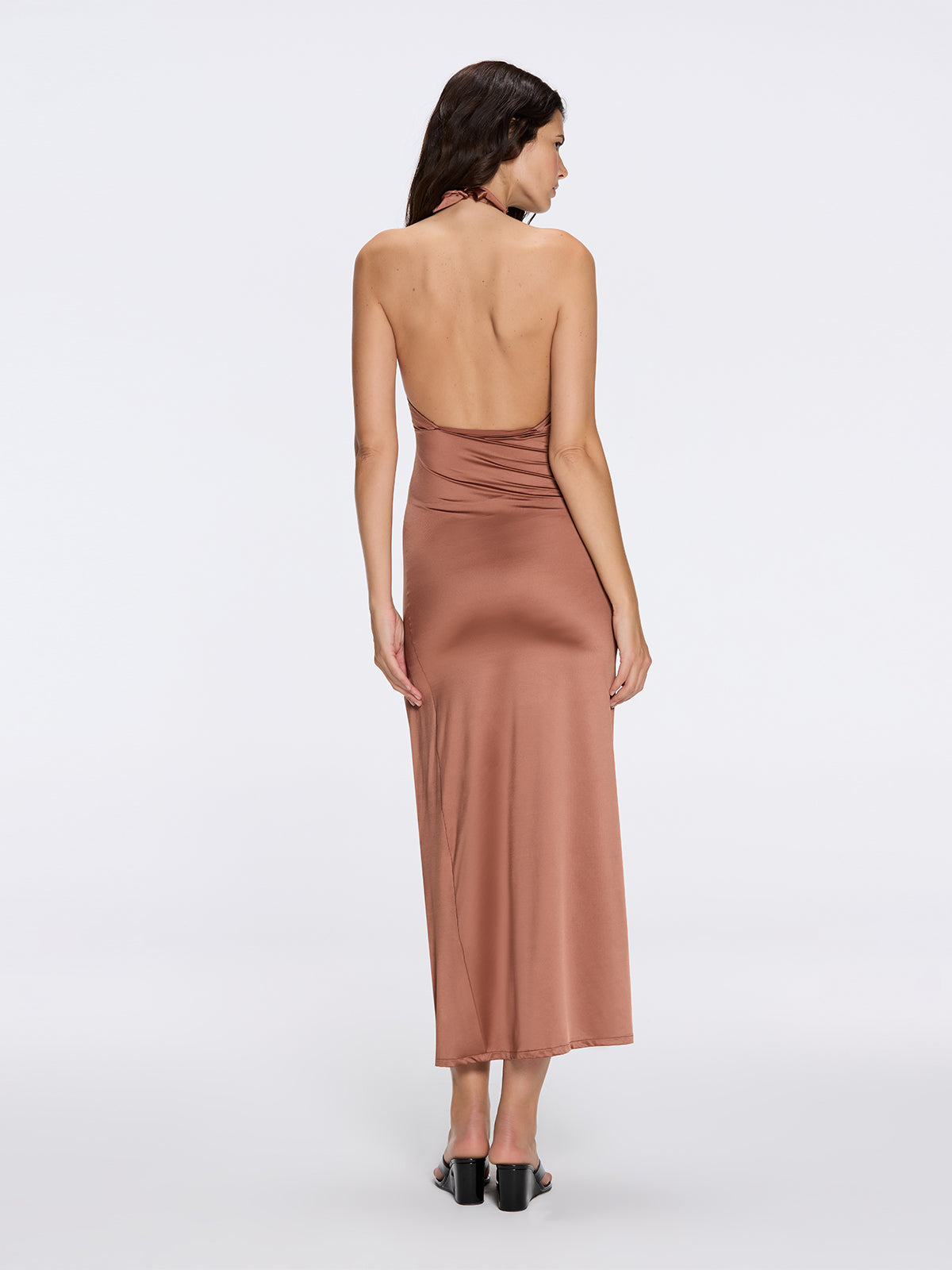 Serres Satin Brown Halter Maxi Dress Cut-Out and Gold Detail S Serres Satin Brown Halter Maxi Dress Cut-Out and Gold Detail S
