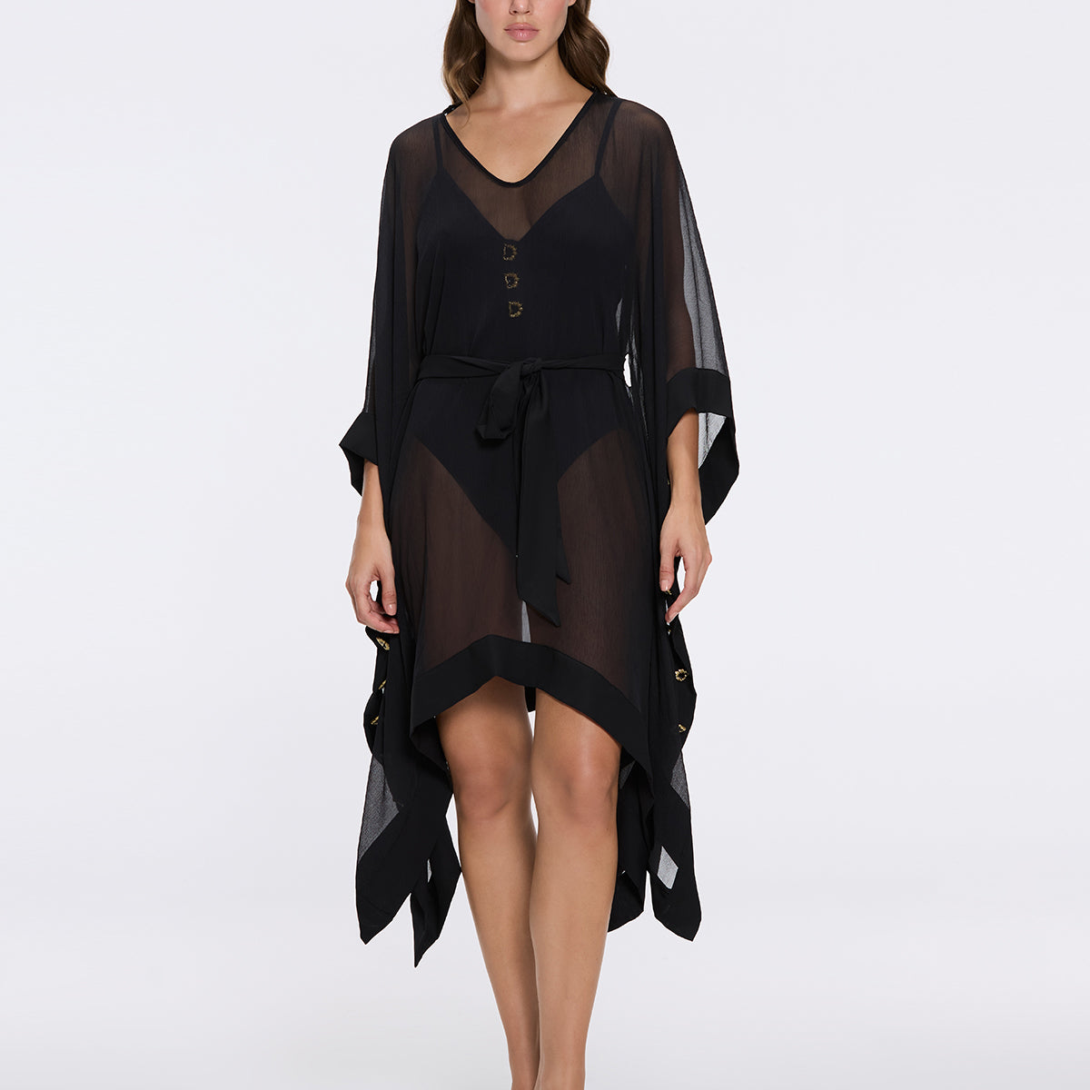 Bianca Ella Booth-Tata Black Sheer Gold Buttoned Belted Kaftan with Asymmetric Hem | Moeva | Kaftan | Each week unveils new pieces—luxury swimwear, fluid resort silhouettes, and elevated summer-to-evening essentials designed to carry you from coastal escapes to city nights.