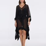 Tata Black Sheer Gold Buttoned Belted Kaftan with Asymmetric Hem