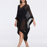 Tata Black Sheer Gold Buttoned Belted Kaftan with Asymmetric Hem