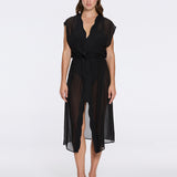 Dela Sleeveless Wavy-Trim Belted Sheer Black Kaftan