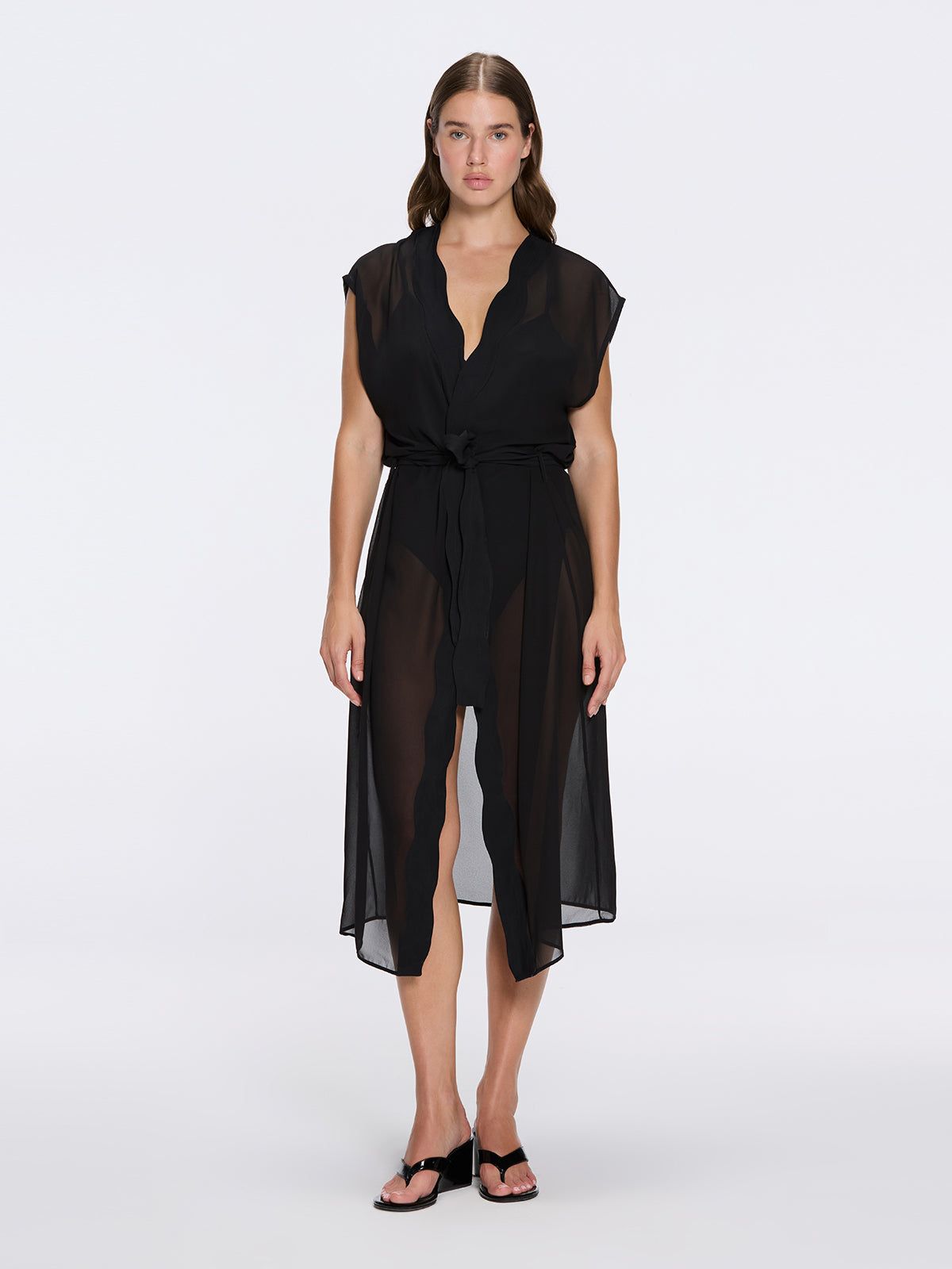 Dela Sleeveless Wavy-Trim Belted Sheer Black Kaftan | Moeva | Kaftan | Each week unveils new pieces—luxury swimwear, fluid resort silhouettes, and elevated summer-to-evening essentials designed to carry you from coastal escapes to city nights.
