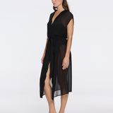 Dela Sleeveless Wavy-Trim Belted Sheer Black Kaftan