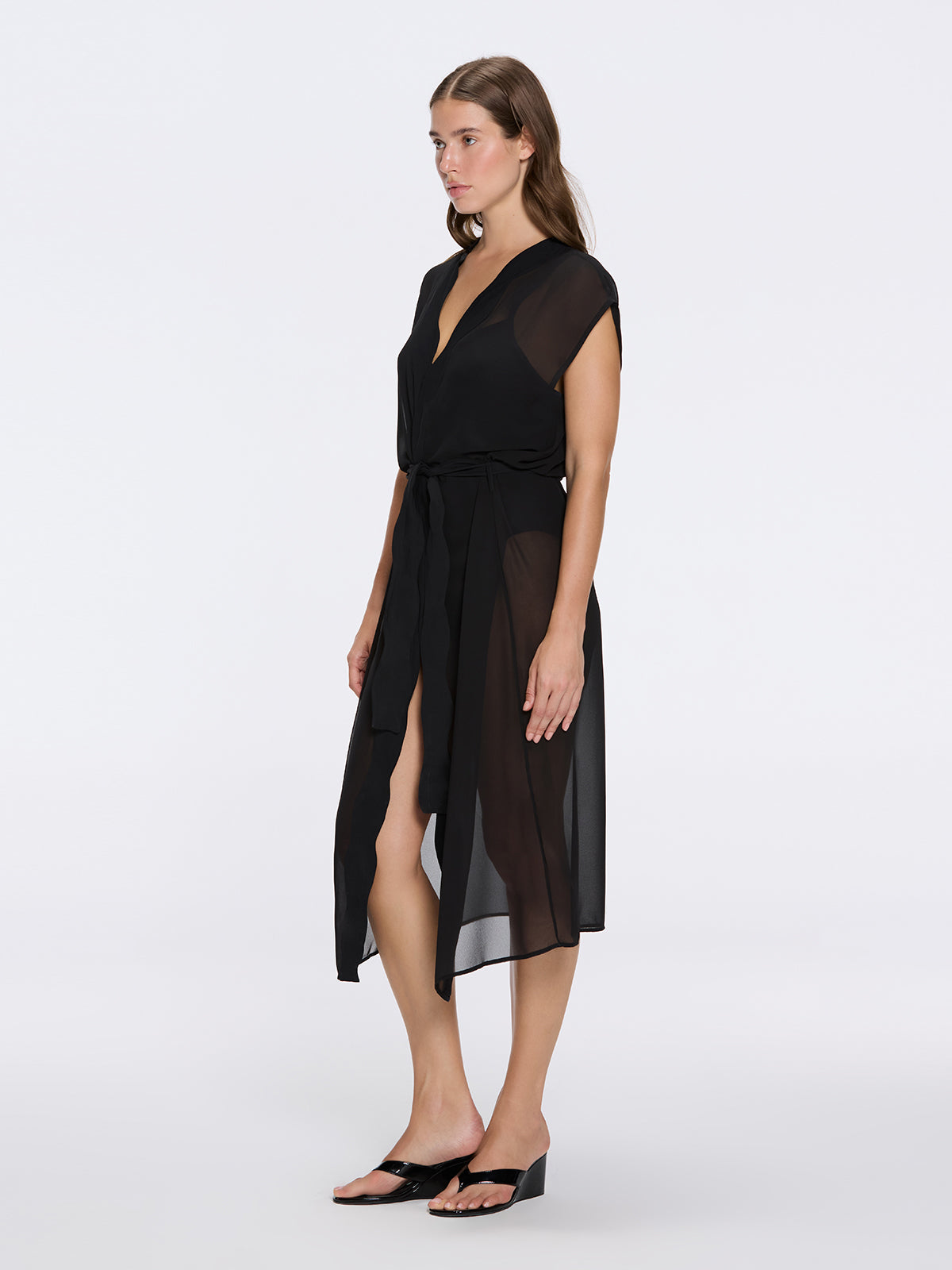 Dela Sleeveless Wavy-Trim Belted Sheer Black Kaftan | Moeva | Kaftan | Each week unveils new pieces—luxury swimwear, fluid resort silhouettes, and elevated summer-to-evening essentials designed to carry you from coastal escapes to city nights.