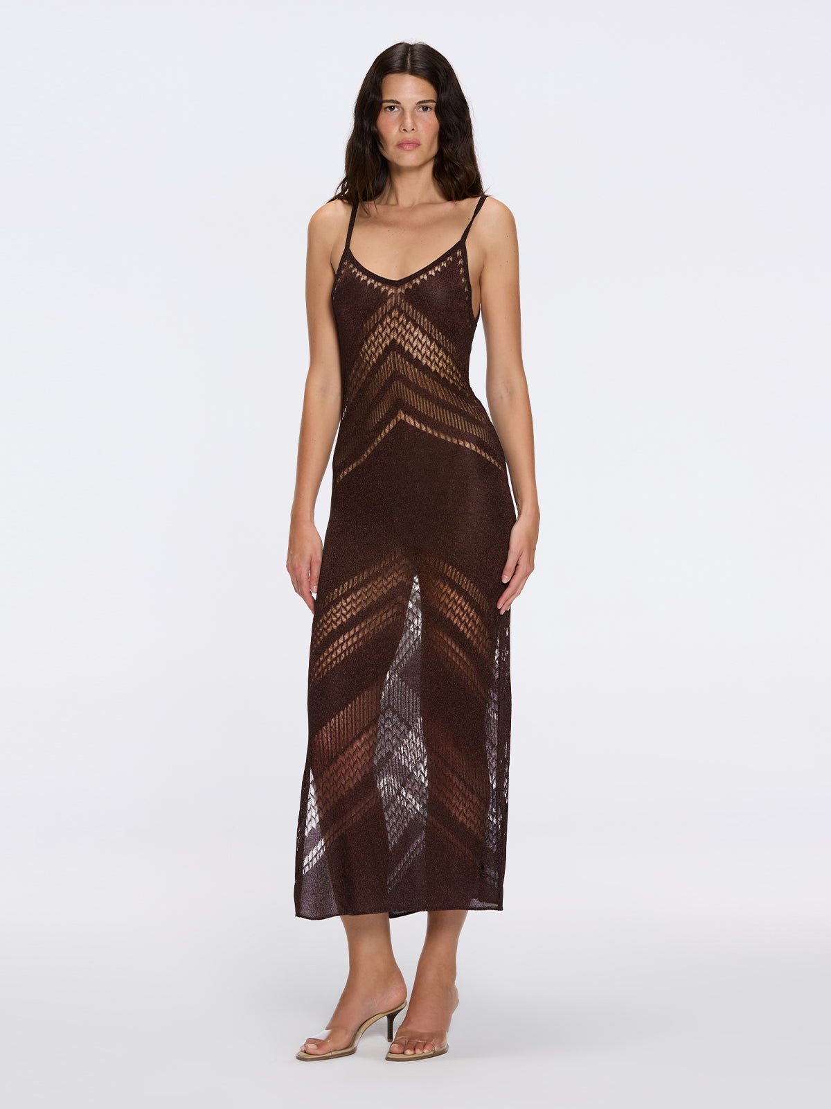 Beaulieu Brown Metallic Knit Maxi Dress with V-Neckline and Side Slit Beaulieu Brown Metallic Knit Maxi Dress with V-Neckline and Side Slit