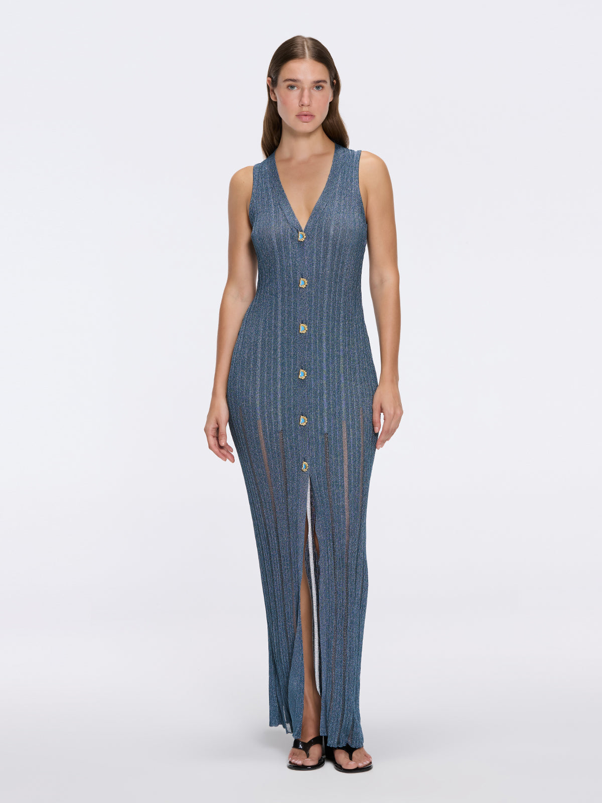 Biot Blue Metallic Knit V-Neck Gold Button-Down Dress | Moeva | Dress | Each week unveils new pieces—luxury swimwear, fluid resort silhouettes, and elevated summer-to-evening essentials designed to carry you from coastal escapes to city nights.