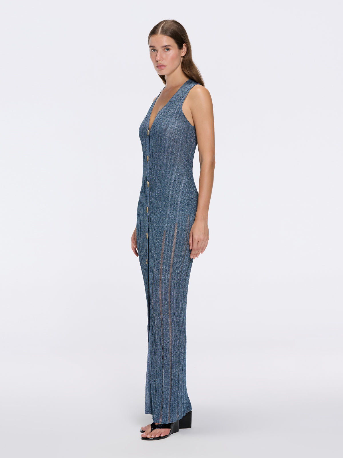 Biot Blue Metallic Knit V-Neck Gold Button-Down Dress | Moeva | Dress | Each week unveils new pieces—luxury swimwear, fluid resort silhouettes, and elevated summer-to-evening essentials designed to carry you from coastal escapes to city nights.
