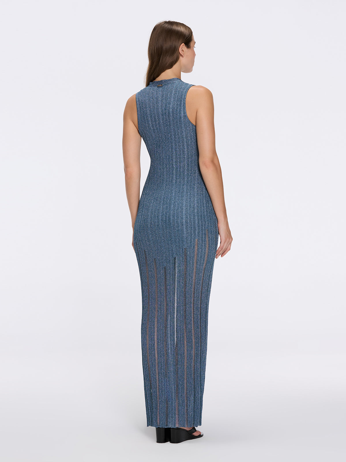 Biot Blue Metallic Knit V-Neck Gold Button-Down Dress