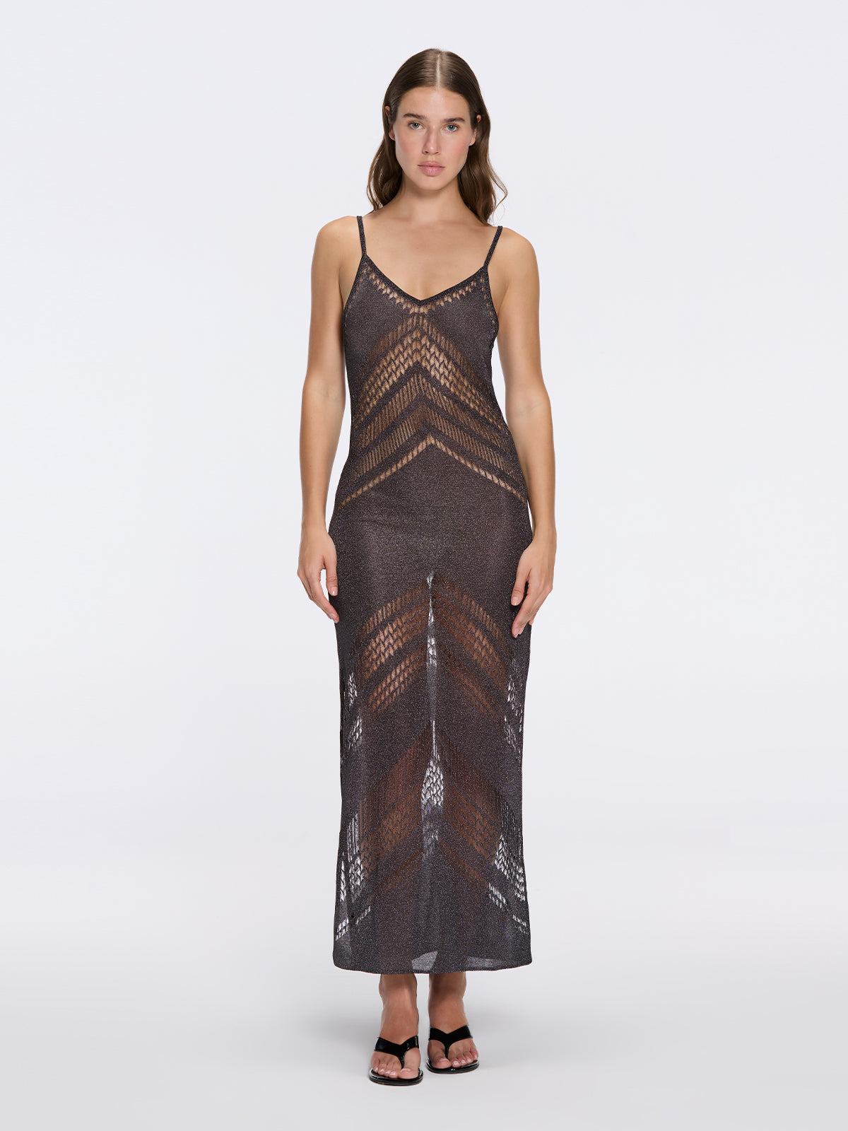 Beaulieu Black Metallic Knit Maxi Dress with V-Neckline and Side Slit Beaulieu Black Metallic Knit Maxi Dress with V-Neckline and Side Slit