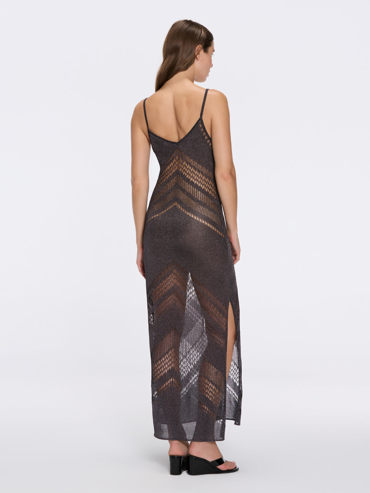 Beaulieu Black Metallic Knit Maxi Dress with V-Neckline and Side Slit Beaulieu Black Metallic Knit Maxi Dress with V-Neckline and Side Slit