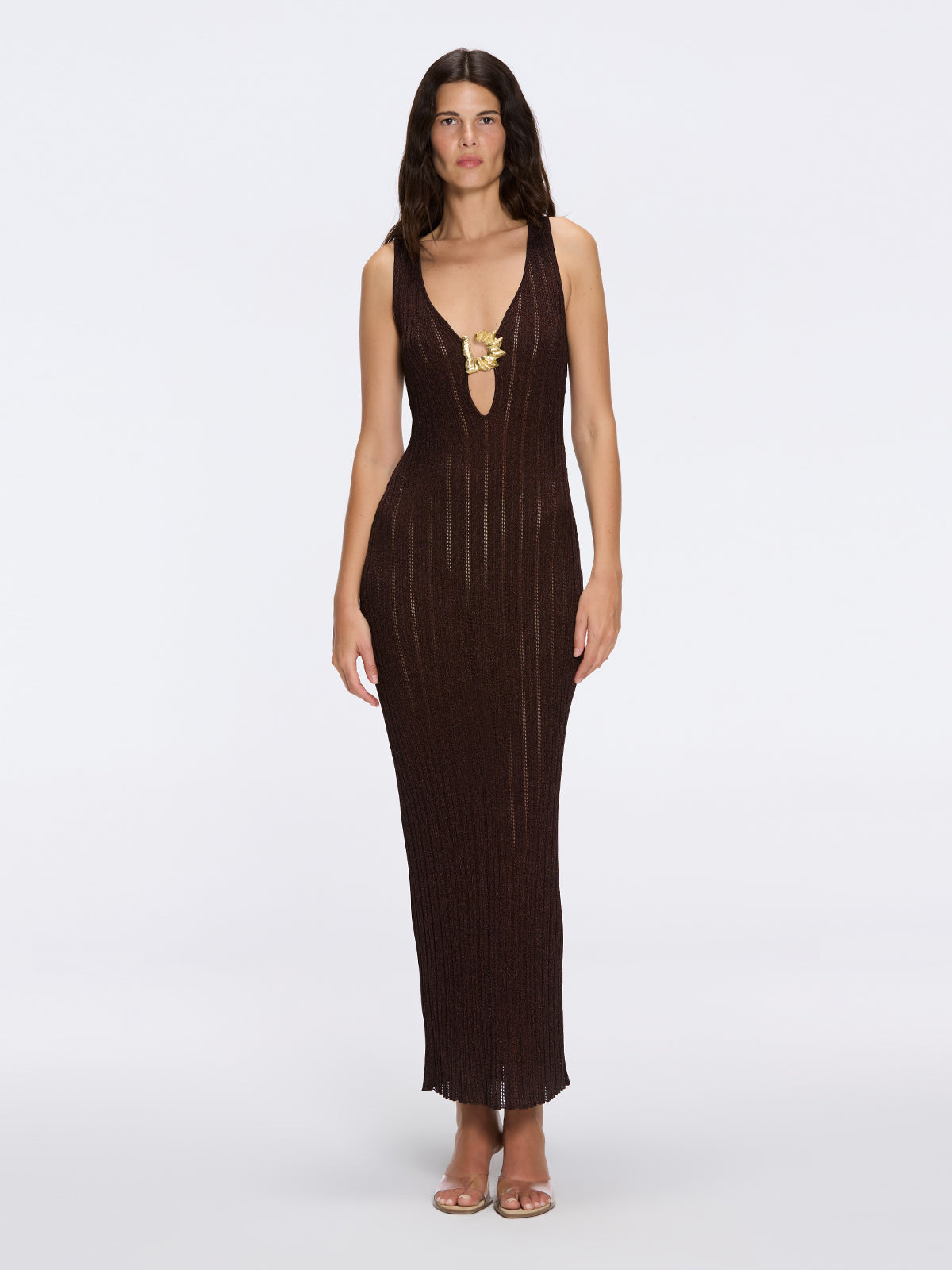 Antibes Brown Metallic Knit Deep V-Neck Maxi Dress with Gold Detail | Moeva | Dress | Each week unveils new pieces—luxury swimwear, fluid resort silhouettes, and elevated summer-to-evening essentials designed to carry you from coastal escapes to city nights.
