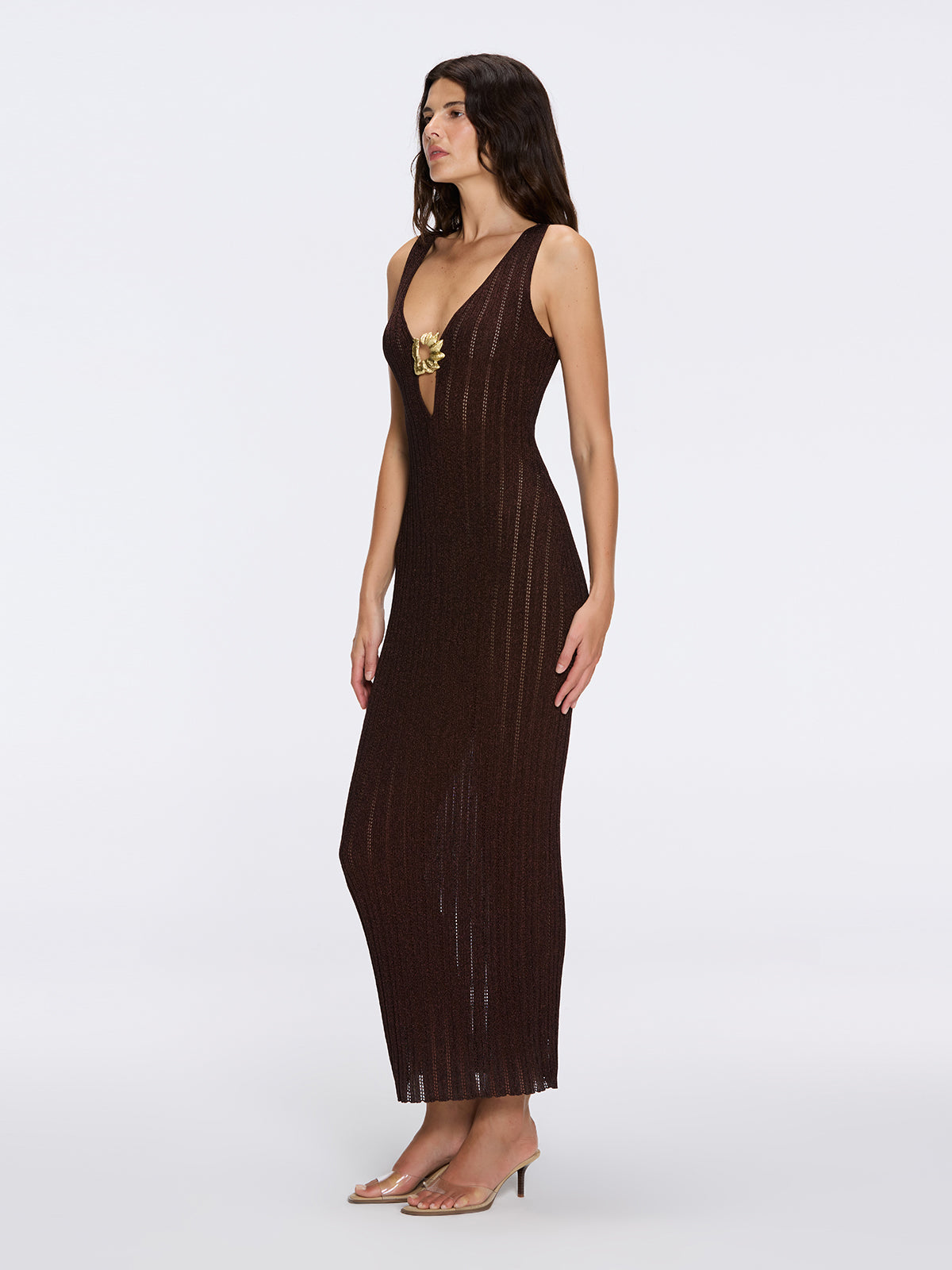 Antibes Brown Metallic Knit Deep V-Neck Maxi Dress with Gold Detail | Moeva | Dress | Each week unveils new pieces—luxury swimwear, fluid resort silhouettes, and elevated summer-to-evening essentials designed to carry you from coastal escapes to city nights.