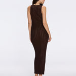 Antibes Brown Metallic Knit Deep V-Neck Maxi Dress with Gold Detail | Moeva | Dress | Each week unveils new pieces—luxury swimwear, fluid resort silhouettes, and elevated summer-to-evening essentials designed to carry you from coastal escapes to city nights.