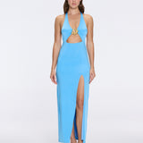 Serres Satin Blue Halter Maxi Dress with Cut-Out and Gold Detail