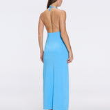 Serres Satin Blue Halter Maxi Dress with Cut-Out and Gold Detail