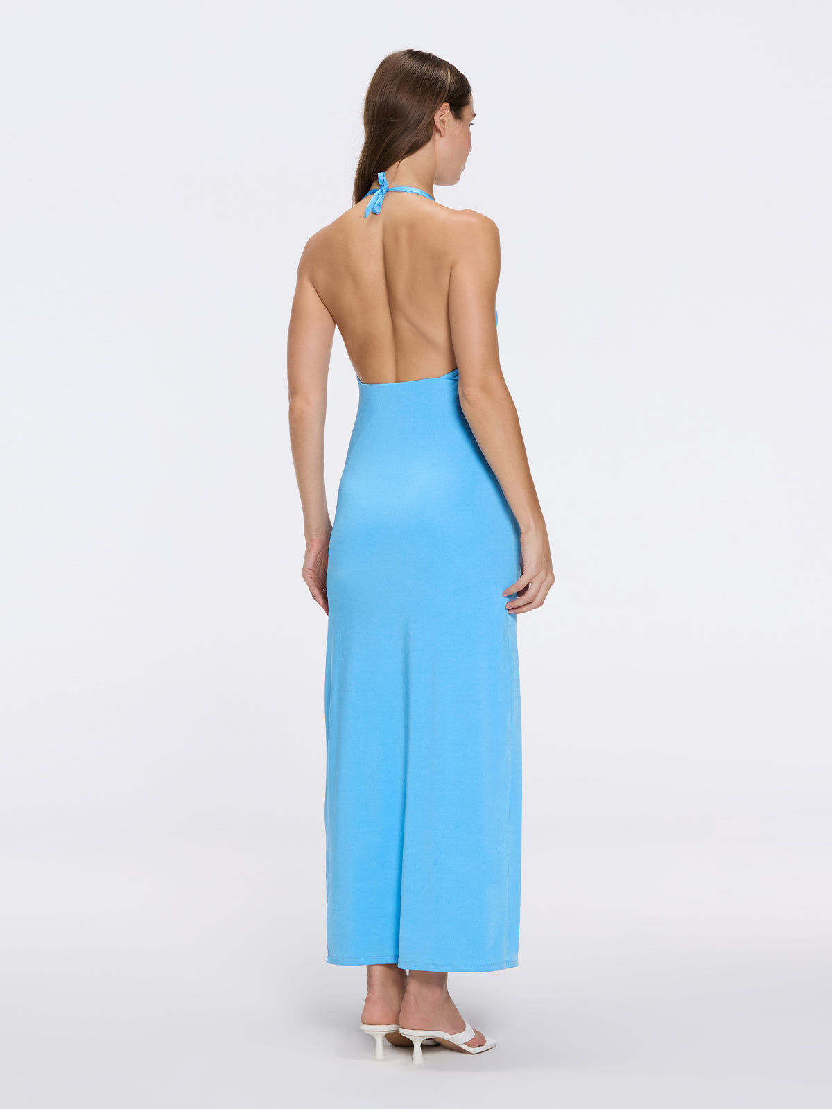 Serres Satin Blue Halter Maxi Dress Cut-Out and Gold Detail Serres Satin Blue Halter Maxi Dress Cut-Out and Gold Detail