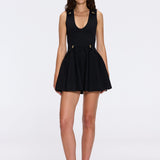 Meditara Black Knit Mini Dress with Flared Skirt and Gold Button Details