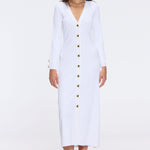 Brezia White Knitted Maxi Dress with Long Sleeves and Gold Button Details | Moeva | RTW Dresses | Each week unveils new pieces—luxury swimwear, fluid resort silhouettes, and elevated summer-to-evening essentials designed to carry you from coastal escapes to city nights.