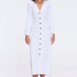 Brezia White Knitted Maxi Dress with Long Sleeves and Gold Button Details | Moeva | RTW Dresses | Each week unveils new pieces—luxury swimwear, fluid resort silhouettes, and elevated summer-to-evening essentials designed to carry you from coastal escapes to city nights.