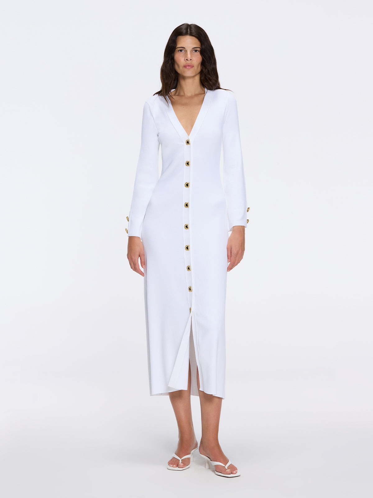 Brezia White Knitted Maxi Dress with Long Sleeves and Gold Button Details | Moeva | Dress | Each week unveils new pieces—luxury swimwear, fluid resort silhouettes, and elevated summer-to-evening essentials designed to carry you from coastal escapes to city nights.