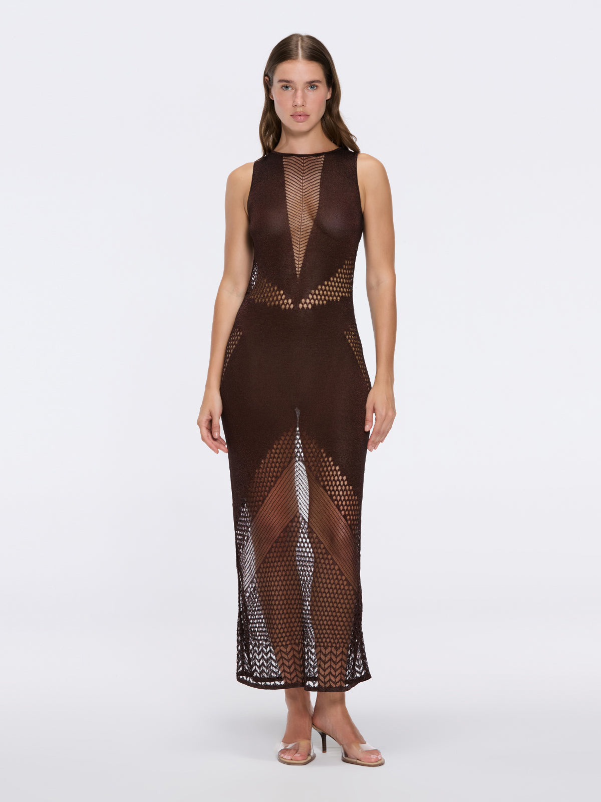 Xenia Tchoumi in Nerida Brown Mesh Knit Maxi Dress Xenia Tchoumi in Nerida Brown Mesh Knit Maxi Dress