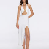 Serres Satin White Halter Maxi Dress with Cut-Out and Gold Detail