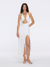 Serres Satin White Halter Maxi Dress with Cut-Out and Gold Detail | Moeva | Dress | Each week unveils new pieces—luxury swimwear, fluid resort silhouettes, and elevated summer-to-evening essentials designed to carry you from coastal escapes to city nights.
