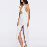 Serres Satin White Halter Maxi Dress with Cut-Out and Gold Detail