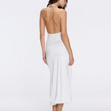 Serres Satin White Halter Maxi Dress with Cut-Out and Gold Detail