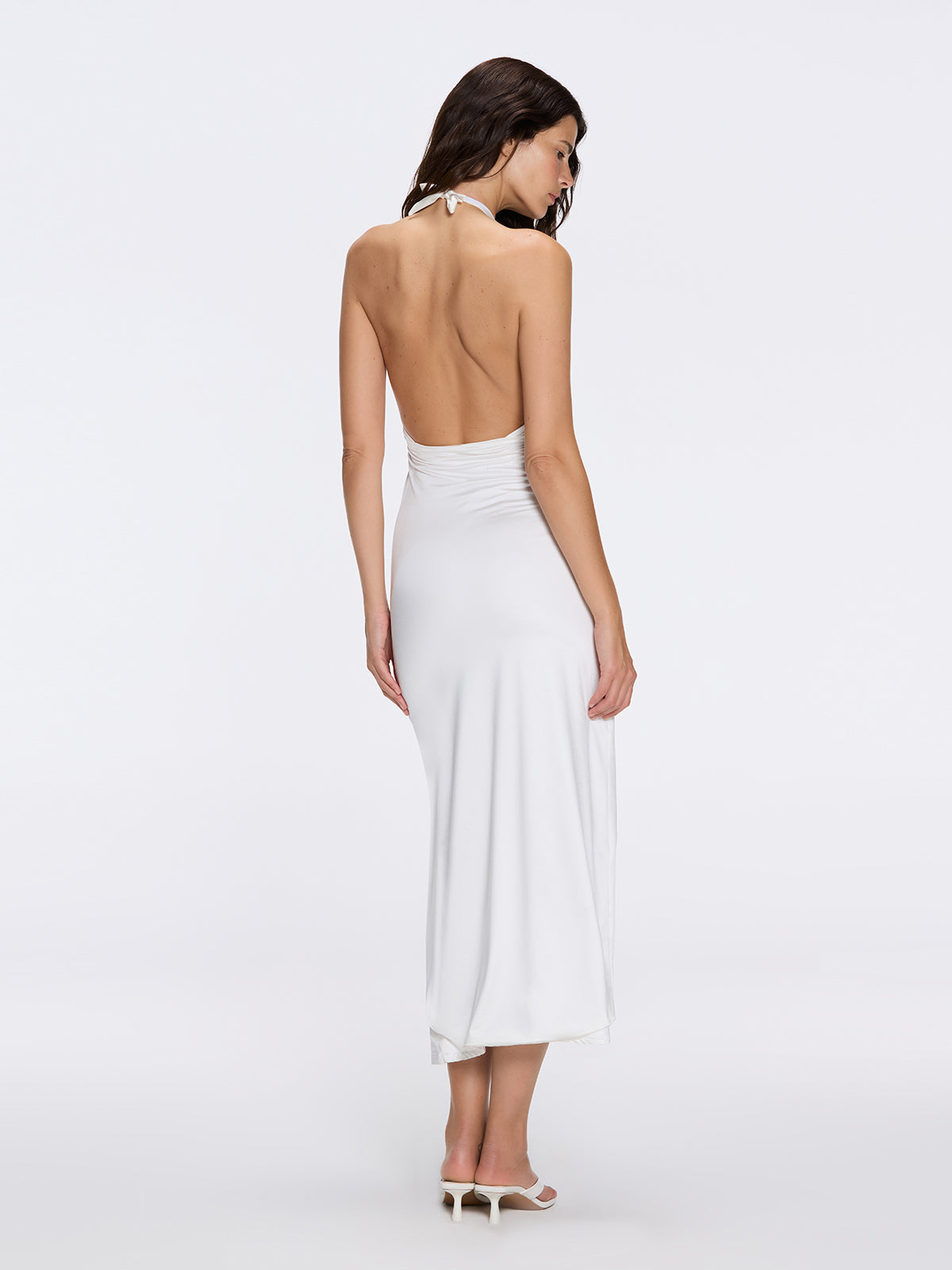 Serres Satin White Halter Maxi Dress with Cut-Out and Gold Detail