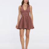 Meditara Brown Knit Mini Dress with Flared Skirt and Gold Button Details