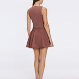 Meditara Brown Knit Mini Dress with Flared Skirt and Gold Button Details
