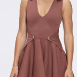Meditara Brown Knit Mini Dress with Flared Skirt and Gold Button Details