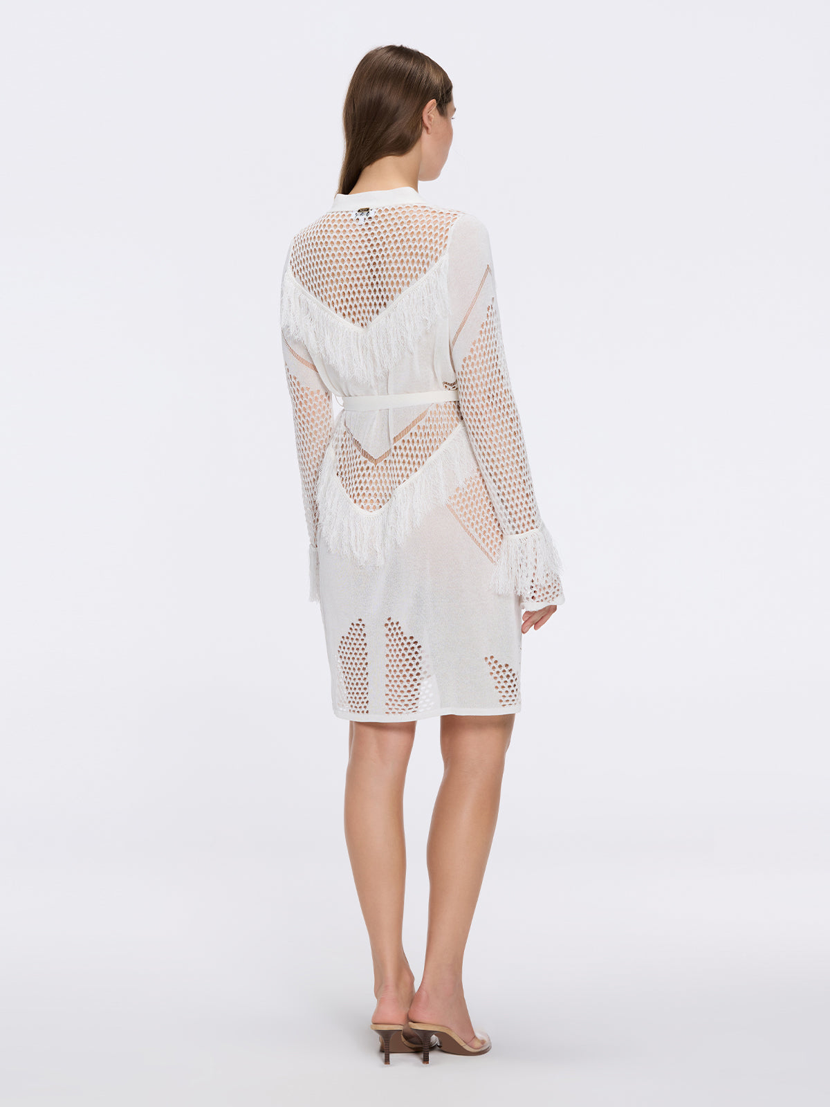 Kenga Knitted Knee-Length Long-Sleeve Belted White Kaftan | Moeva | Kaftans | Each week unveils new pieces—luxury swimwear, fluid resort silhouettes, and elevated summer-to-evening essentials designed to carry you from coastal escapes to city nights.