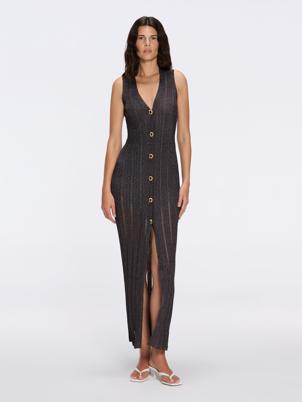Biot Black Metallic Knit V-Neck Gold Button-Down Dress | Moeva | Dress | Each week unveils new pieces—luxury swimwear, fluid resort silhouettes, and elevated summer-to-evening essentials designed to carry you from coastal escapes to city nights.