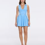 Meditara Blue Knit Mini Dress with Flared Skirt and Gold Button Details