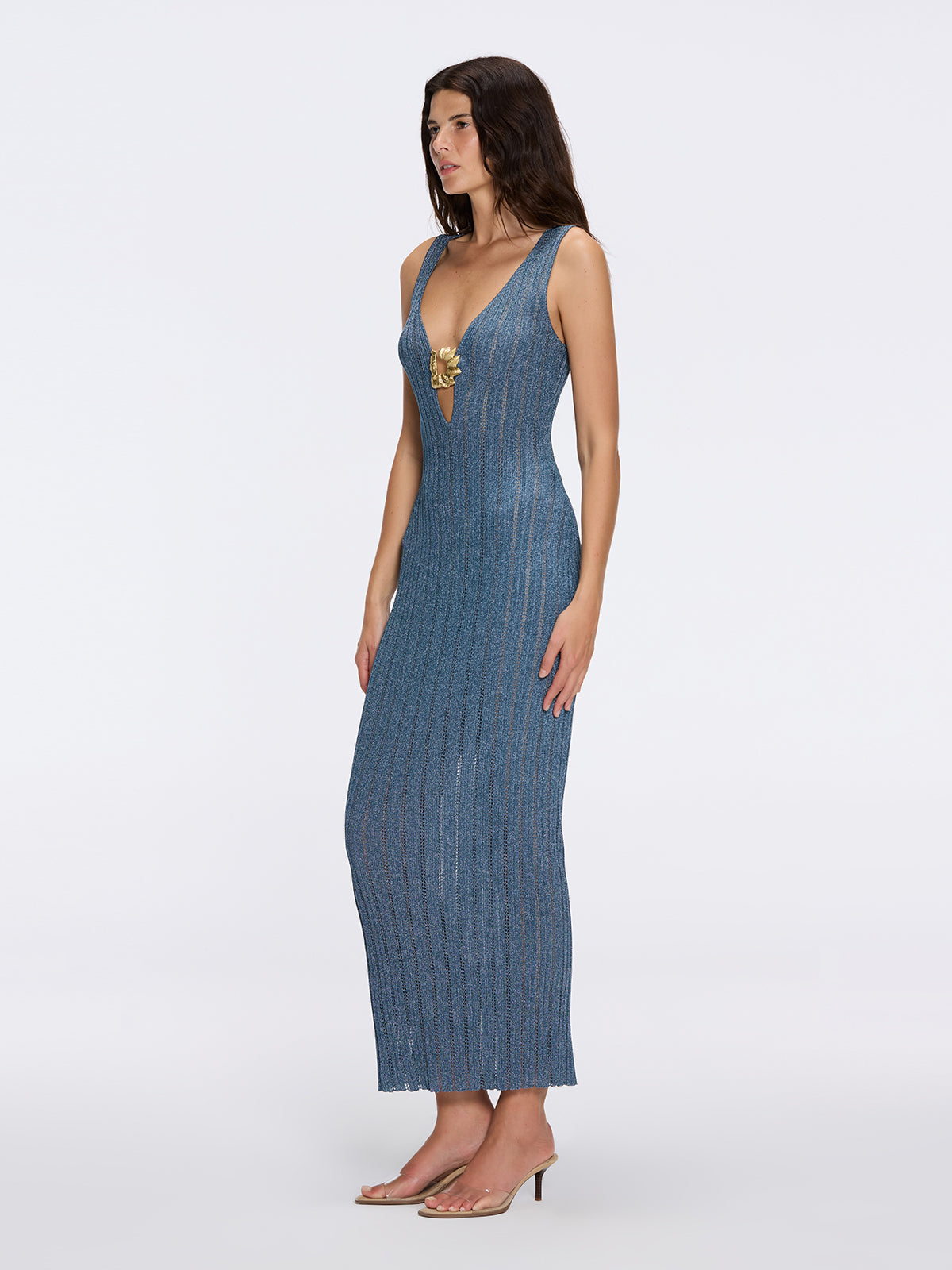 Antibes Blue Metallic Knit Deep V-Neck Maxi Dress with Gold Detail | Moeva | Dress | Each week unveils new pieces—luxury swimwear, fluid resort silhouettes, and elevated summer-to-evening essentials designed to carry you from coastal escapes to city nights.