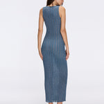 Antibes Blue Metallic Knit Deep V-Neck Maxi Dress with Gold Detail | Moeva | Dress | Each week unveils new pieces—luxury swimwear, fluid resort silhouettes, and elevated summer-to-evening essentials designed to carry you from coastal escapes to city nights.