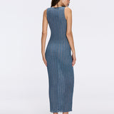 Antibes Blue Metallic Knit Deep V-Neck Maxi Dress with Gold Detail | Moeva | Dress | Each week unveils new pieces—luxury swimwear, fluid resort silhouettes, and elevated summer-to-evening essentials designed to carry you from coastal escapes to city nights.