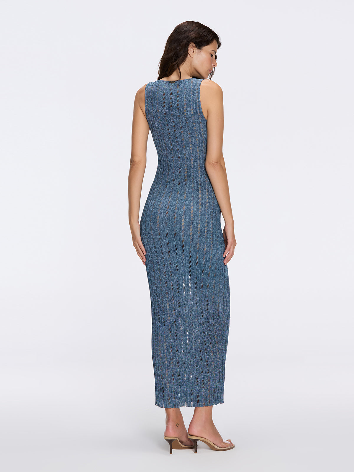 Antibes Blue Metallic Knit Deep V-Neck Maxi Dress with Gold Detail | Moeva | Dress | Each week unveils new pieces—luxury swimwear, fluid resort silhouettes, and elevated summer-to-evening essentials designed to carry you from coastal escapes to city nights.