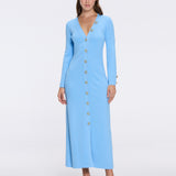 Brezia Blue Knitted Maxi Dress with Long Sleeves and Gold Button Details
